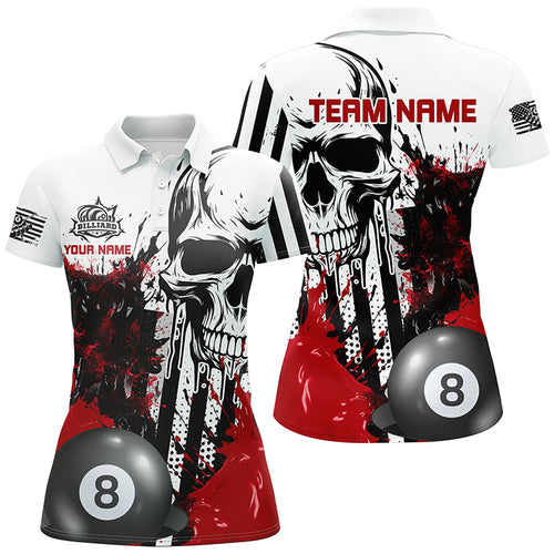 Personalized Red Grunge Skull Billiards Shirts For Women Custom Retro Billiard Team Jerseys Attire TDM1564