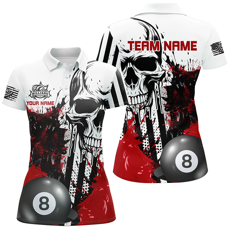 Personalized Red Grunge Skull Billiards Shirts For Women Custom Retro Billiard Team Jerseys Attire TDM1564