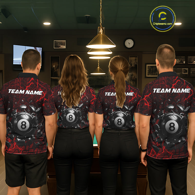 Back view of pool players wearing matching red crack billiard shirts in a game room.