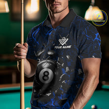 Load image into Gallery viewer, Man wearing a blue crack 8 ball billiard jersey during pool league play front view.