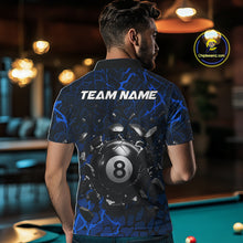 Load image into Gallery viewer, Back view of man wearing a blue crack pool shirt in a billiards hall.