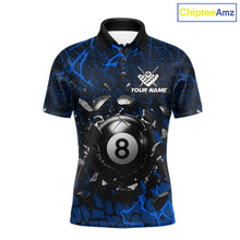 Load image into Gallery viewer, Blue crack 8 ball billiard polo shirt for men with bold league graphics and custom team style.