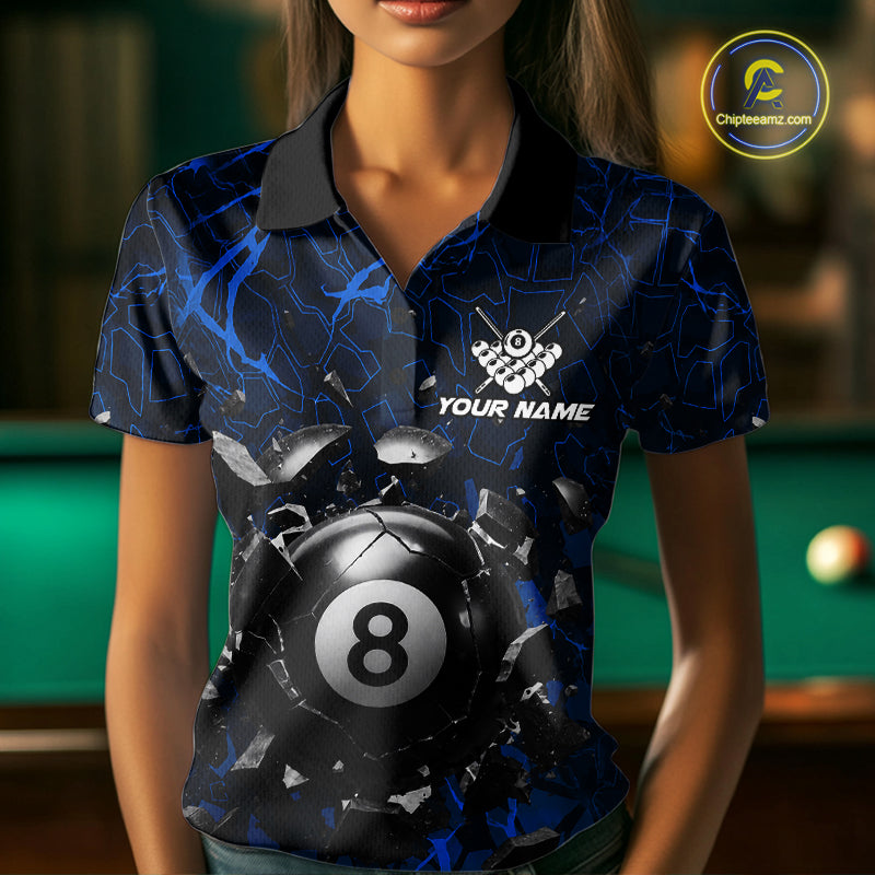 Woman wearing a blue crack 8 ball billiard jersey during pool league play front view.