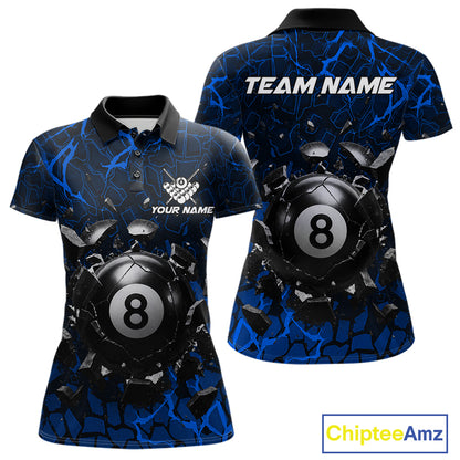 Blue crack 8 ball billiard polo shirt for women with bold league graphics and custom team style.