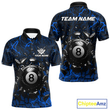 Load image into Gallery viewer, Blue crack 8 ball billiard polo shirt for men with bold league graphics and custom team style.