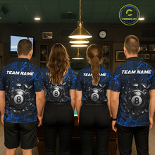 Load image into Gallery viewer, Back view of pool players wearing matching blue crack billiard shirts in a game room.