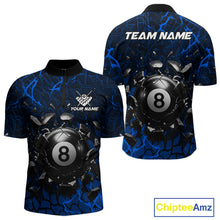 Load image into Gallery viewer, Blue crack 8 ball billiard quarter zip shirt for men built for pool tournaments and league competition.