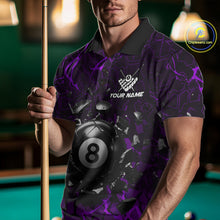 Load image into Gallery viewer, Man wearing a purple crack 8 ball billiard jersey beside a pool table front view.