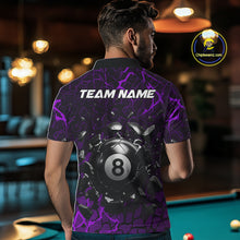Load image into Gallery viewer, Back view of man wearing a purple crack pool team shirt in a billiards hall.