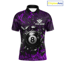 Load image into Gallery viewer, Purple crack 8 ball billiard polo shirt for men with modern pool team graphics and league-ready style.