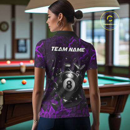 Back view of woman wearing a purple crack pool team shirt in a billiards hall.