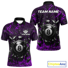 Load image into Gallery viewer, Purple crack 8 ball billiard polo shirt for men with modern pool team graphics and league-ready style.
