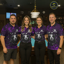 Load image into Gallery viewer, Pool team wearing matching purple crack billiard jerseys during league play front view.