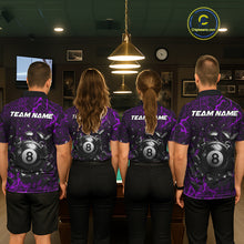 Load image into Gallery viewer, Back view of pool players wearing matching purple crack billiard shirts in a game room.