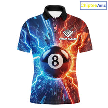 Load image into Gallery viewer, Custom blue and orange lightning 8 ball pool billiard team jersey polo shirt for men, personalized billiard league apparel and tournament jersey.