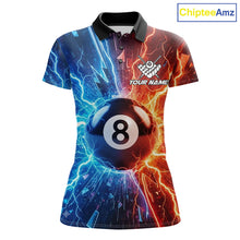 Load image into Gallery viewer, Custom blue and orange lightning 8 ball pool billiard team jersey polo shirt for women, personalized billiard league apparel and tournament jersey.