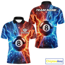 Load image into Gallery viewer, Custom blue and orange lightning 8 ball pool billiard team jersey polo shirt for men, personalized billiard league apparel and tournament jersey.