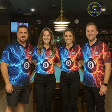 Load image into Gallery viewer, Billiard team wearing matching blue and orange lightning 8 ball pool jerseys front view.