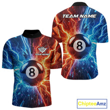Load image into Gallery viewer, Custom blue and orange lightning 8 ball pool billiard quarter zip shirt for men, personalized pool team jersey.