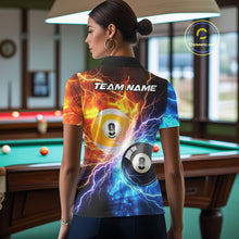 Load image into Gallery viewer, Woman wearing blue and orange lightning 8 ball and 9 ball billiard polo shirt back view.