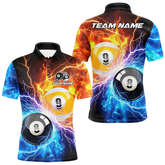 Custom blue and orange lightning 8 ball and 9 ball billiard pool team jersey polo shirt for men, personalized billiard league apparel.
