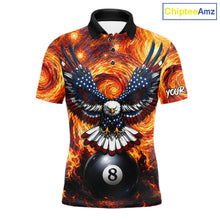 Load image into Gallery viewer, Custom fire flame red 8 ball US flag eagle billiard pool team jersey polo shirt for men, personalized billiard league apparel.