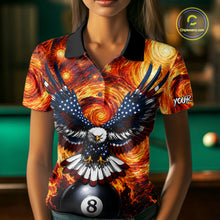 Load image into Gallery viewer, Woman wearing custom fire flame red 8 ball US flag eagle billiard polo shirt front view.
