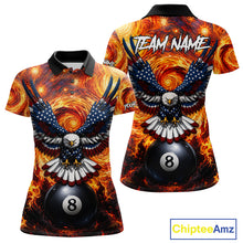 Load image into Gallery viewer, Custom fire flame red 8 ball US flag eagle billiard pool team jersey polo shirt for men, personalized billiard league apparel.