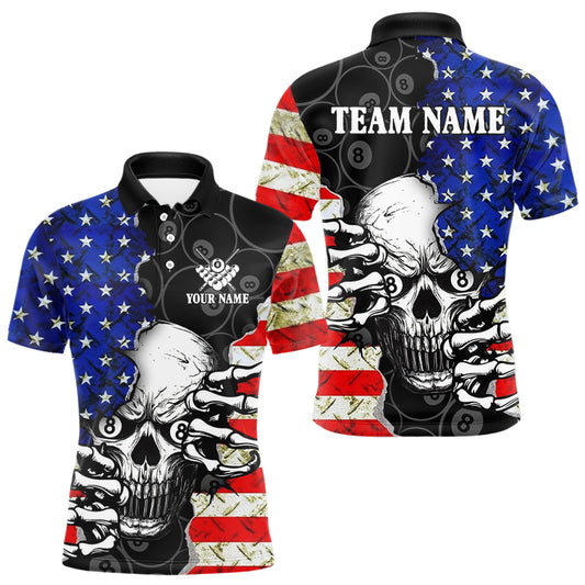 Personalized American Flag Skull Billiard Shirts For Men, Patriotic 8 Ball Billiard Jersey TDM3124