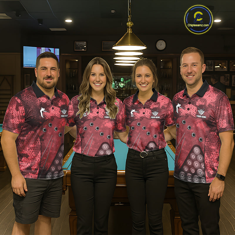 Red Camo 8 Ball Billiard Shirt For Women Custom Pool Team Shirt, Billiard Jersey Polo & 1/4 Zip TDM6009