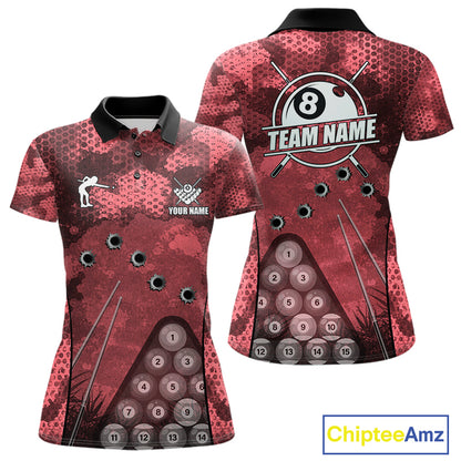 Red Camo 8 Ball Billiard Shirt For Women Custom Pool Team Shirt, Billiard Jersey Polo & 1/4 Zip TDM6009