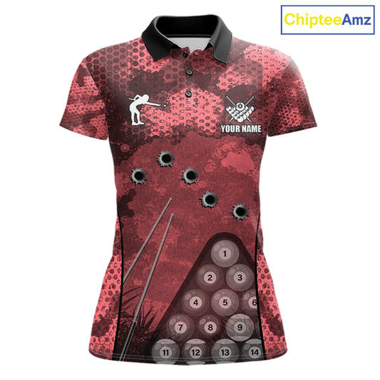 Red Camo 8 Ball Billiard Shirt For Women Custom Pool Team Shirt, Billiard Jersey Polo & 1/4 Zip TDM6009