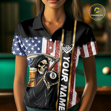 Load image into Gallery viewer, Grim Reaper With Beer Custom 8 Ball Billiard Shirt For Women, US Flag Pool Team Jersey Polo, 1/4 Zip TDM6247