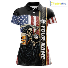 Load image into Gallery viewer, Grim Reaper With Beer Custom 8 Ball Billiard Shirt For Women, US Flag Pool Team Jersey Polo, 1/4 Zip TDM6247