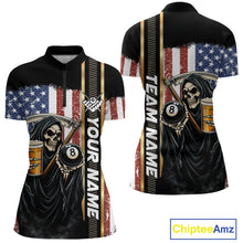 Load image into Gallery viewer, Grim Reaper With Beer Custom 8 Ball Billiard Shirt For Women, US Flag Pool Team Jersey Polo, 1/4 Zip TDM6247
