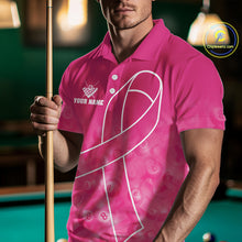 Load image into Gallery viewer, Man wearing a pink ribbon billiard shirt during pool league play front view.