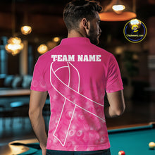 Load image into Gallery viewer, Back view of man wearing a breast cancer awareness billiard jersey inside a game room.