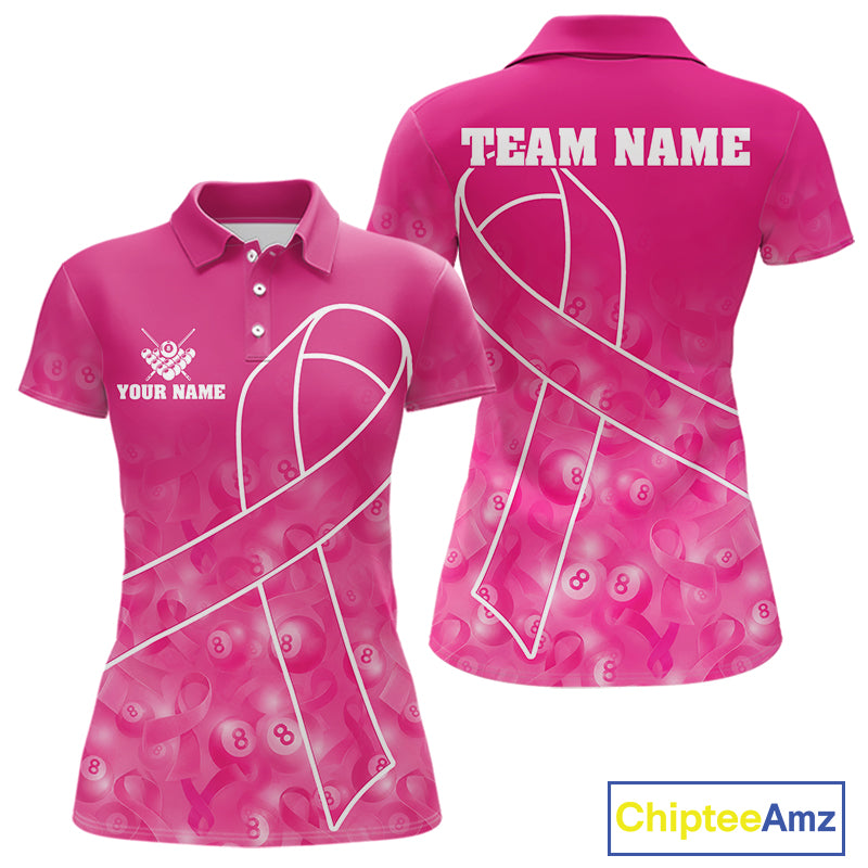 Pink ribbon pool shirt for women with 8 ball design and awareness inspired team style.