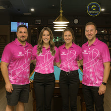 Load image into Gallery viewer, Pool team wearing matching pink ribbon billiard jerseys during awareness tournament front view.