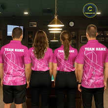 Load image into Gallery viewer, Back view of players wearing pink ribbon billiard shirts during league match play.