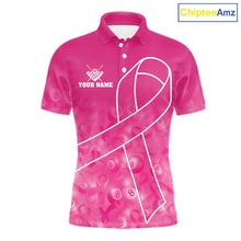 Load image into Gallery viewer, Pink ribbon 8 ball billiard polo shirt for men with breast cancer awareness themed league graphics.