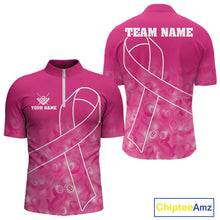 Load image into Gallery viewer, Pink ribbon billiard quarter zip shirt for men built for tournaments and league support events.