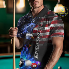 Load image into Gallery viewer, Man wearing a blue flame billiard polo shirt during pool league play front view.
