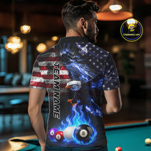 Load image into Gallery viewer, Back view of man wearing a blue flame billiard jersey inside a pool hall.