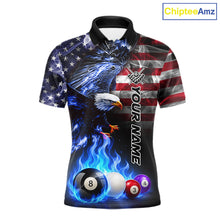 Load image into Gallery viewer, Blue flame American flag eagle billiard polo shirt for men with bold league and team graphics.