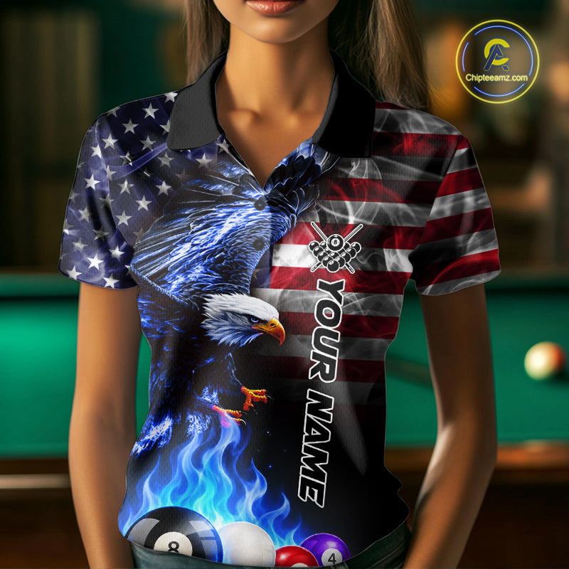Woman wearing a blue flame billiard polo shirt during pool league play front view.