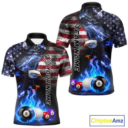 Blue flame pool shirt for men with eagle and flag design built for custom team uniforms.