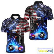 Load image into Gallery viewer, Blue flame pool shirt for men with eagle and flag design built for custom team uniforms.