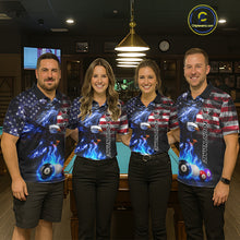Load image into Gallery viewer, Pool team wearing matching blue flame billiard shirts during tournament matches front view.