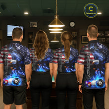 Load image into Gallery viewer, Back view of pool players wearing matching blue flame jerseys in a game room.
